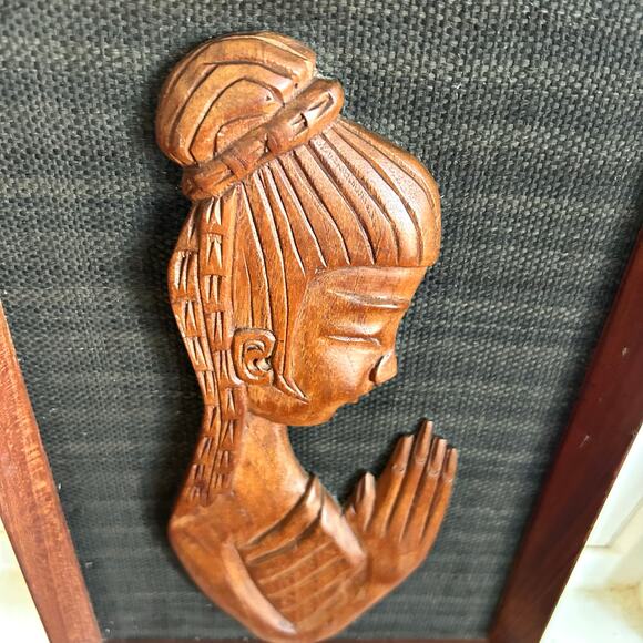 Vintage Hand-Carved Teak Woman Praying Buddha Wall Art, Prayer Pose Relief Panel - Picture 12 of 15